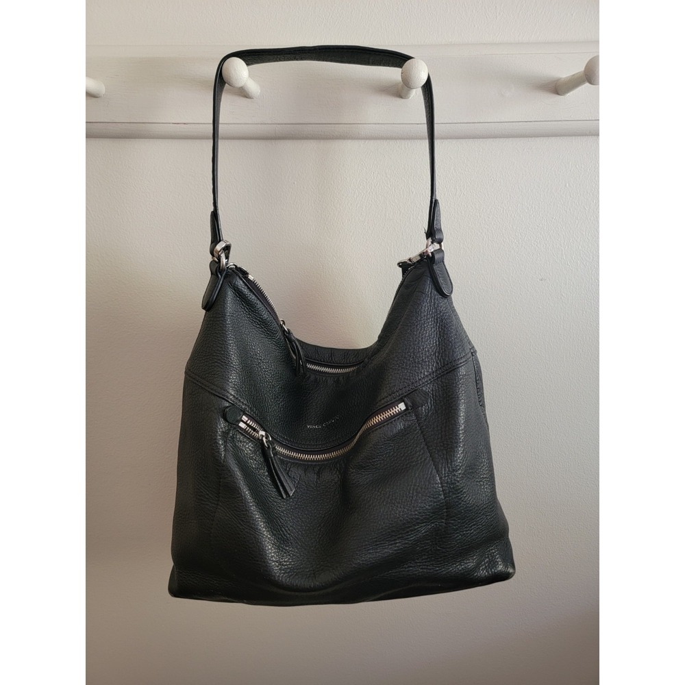 Vince Camuto Black Pebbled Leather Hobo Handbag Purse Shoulder Bag Strap Pockets